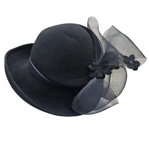 Signature Deborah Black Felt Kettle Brim Hat Sz 22.5" Crinoline Black Rhinestone - Picture 7 of 11